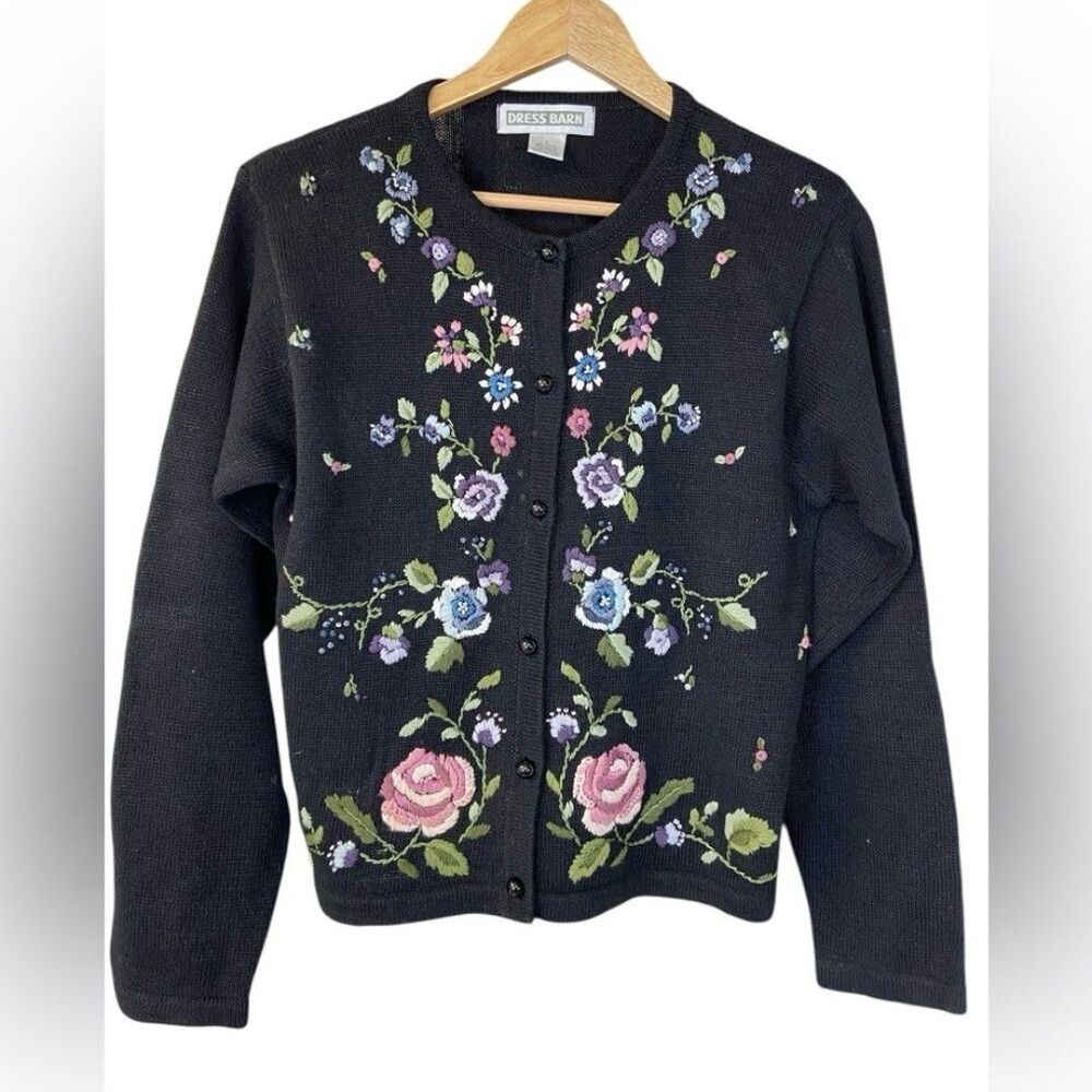 Vintage Dressbarn Black Floral Embroidered Beaded Cardigan Size 8